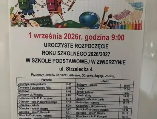 Rozpoczęcie roku szkolnego 2026/2027 w Szkole Podstawowej w Zwierzynie – 1 września o 9:00