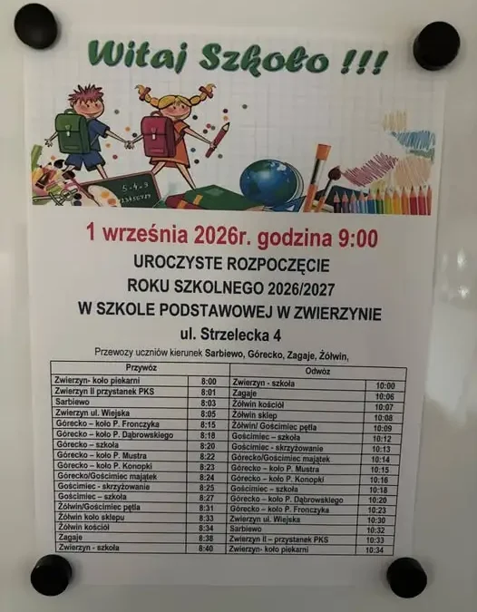 Rozpoczęcie roku szkolnego 2026/2027 w Szkole Podstawowej w Zwierzynie – 1 września o 9:00