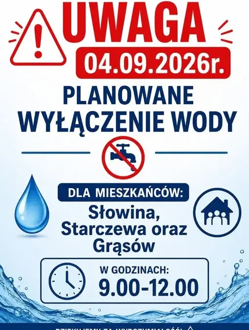 Planowana przerwa w dostawie wody w Słowinie, Starczewie i Grąsach