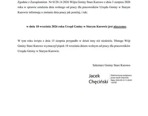 Urząd Gminy w Starym Kurowie nieczynny 18 września 2026 roku
