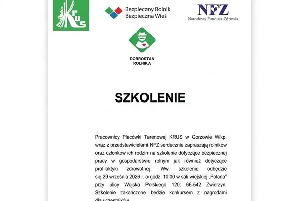 Szkolenie KRUS i NFZ dla rolników w Zwierzynie – 29 września 2026