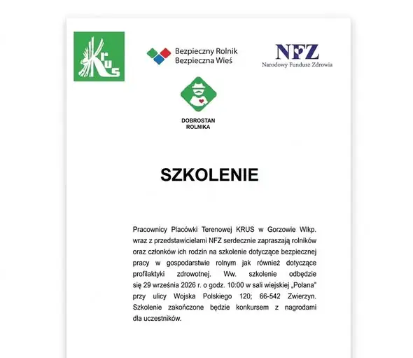 Szkolenie KRUS i NFZ dla rolników w Zwierzynie – 29 września 2026