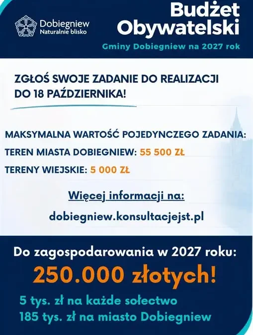 Budżet Obywatelski Dobiegniewa 2027: 250 tys. zł czeka na pomysły mieszkańców